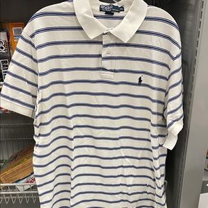 Polo by Ralph Lauren Men's White and Navy Striped Polo Vintage XL